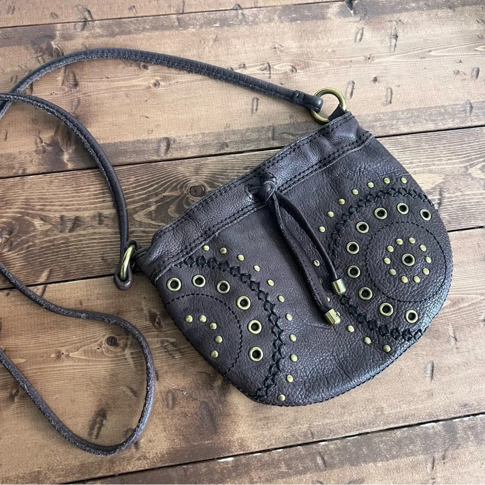 Fossil Small Brown Leather Crossbody Embellished Studded Purse Boho Festival Bag - Picture 10 of 15
